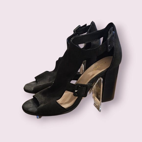 Aldo Black Suede Block Heels Size 8 Meygan-93 BUCKLE SANDAL PEEP TOE - Picture 3 of 16
